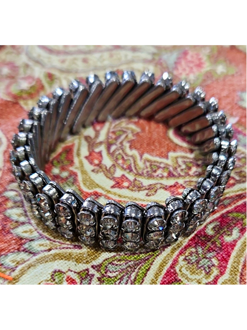 Vtg British Hong Kong Rhinestone Expansion Bracelet 3 Row Stretch, 5.5", EUC